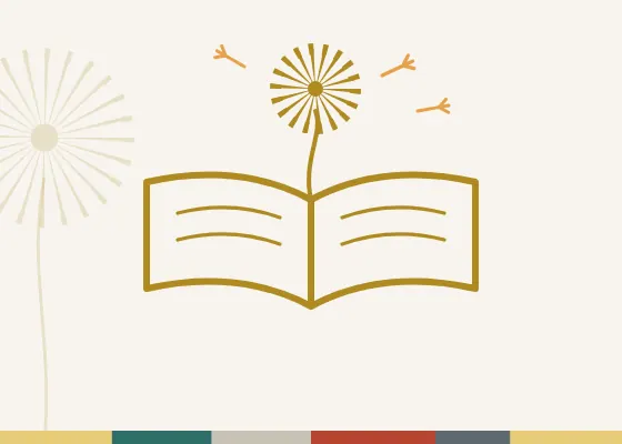 Illustration of an open book with a dandelion growing from it